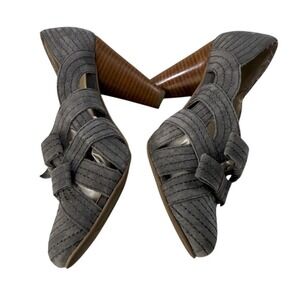 Seychelles Special Edition Grey Suede Caged Bow Pumps Wood Cone Heel 6.5
